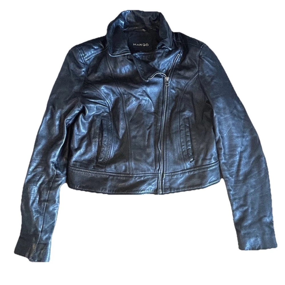 Mango Black Cropped Leather Jacket
